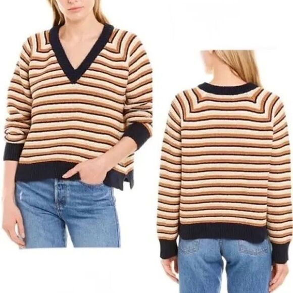 Madewell Arden Striped V Neck Madewell Crop Pullover Sweater Cotton Size Small - Picture 2 of 10